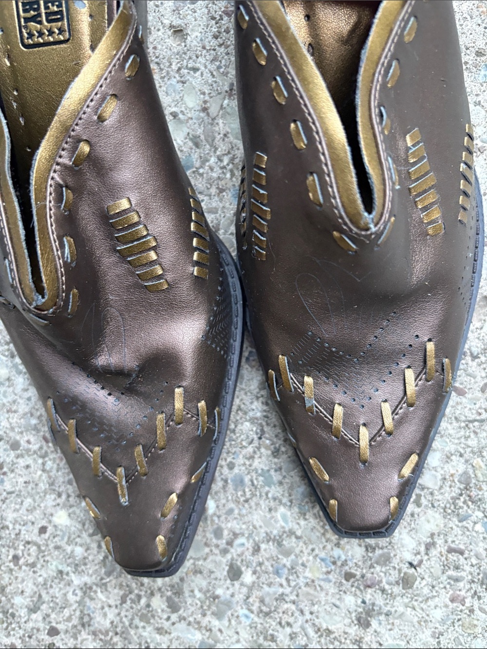 Faded Glory Metallic Bronze Pointed Toe Ankle Booties with Gold Accents